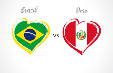 Brazil vs Peru, national team flags on white background. Brazilian and Peruvian flag in heart shape, logo vector. Football championship cup of South America 2019