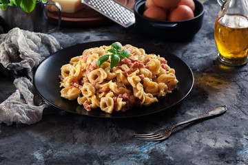 Fresh tortellini with homemade carbonara sauce