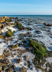 Fototapeta na wymiar Sea foam and stones on the shore