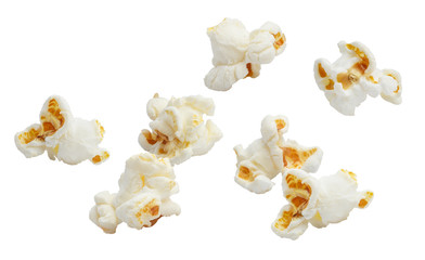 Falling popcorn, isolated on white background