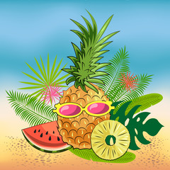Summer set: juicy fruit pineapple, pineapple pieces, summer inscription, hearts. Isolated objects on white background. Image in yellow and green colors for your decor and design. Poster. Postcard.