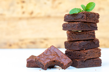 Close up homemade chocolate brownies with copy space