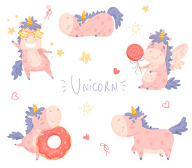 Set of cute cartoon unicorn with had draw lettering