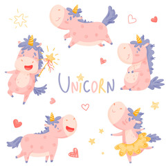Set of cute cartoon unicorn with had draw lettering