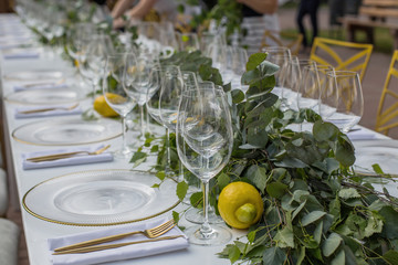 Catering service choice of glasses for different types of wine for tasting in honor of the feast of young wine in France and Italy or a wedding party