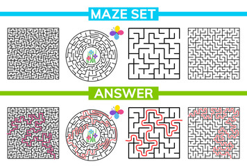 Maze, labyrinth conundrum for kids. Maze set, collection labyrinth. Children puzzle game. Vector stock illustration
