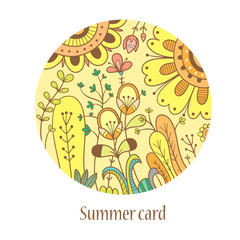 Summer card with flowers and herbs on yellow  background. Vector contour image. Doodle style.