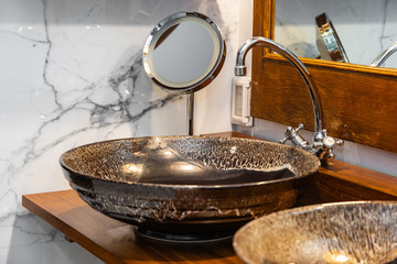 Beautiful decoration interior of sink and water faucet in bathroom