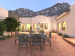 3d render. Dining area of a private villa with sunset.
