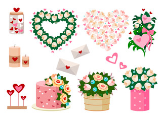 Love set, Valentine's day, flower basket, flower heart, letters, candles, cake. Greeting card, wedding, Birthday.