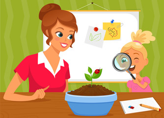 Girl and teacher investigating the flower