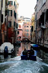 Venezia, Italia, December 28, 2018 Venice canal with typical Venetian gondolas