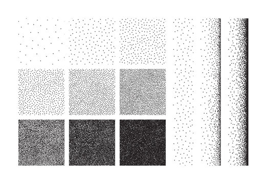 Set of half tone dot background, seamless pattern. Hand made stipple effect. Vector illustration isolated on white