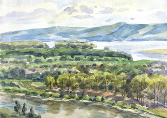 River floodplain summer watercolor