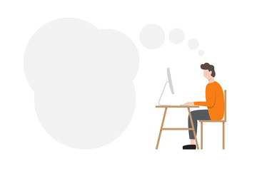 Man sitting at desk and working at computer. Vector illustration with white thought bubble