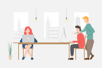 People working at office or co-working space. Teamwork. Flat design vector illustration
