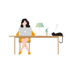 Woman sitting at desk and working at computer at home. Flat design vector illustration