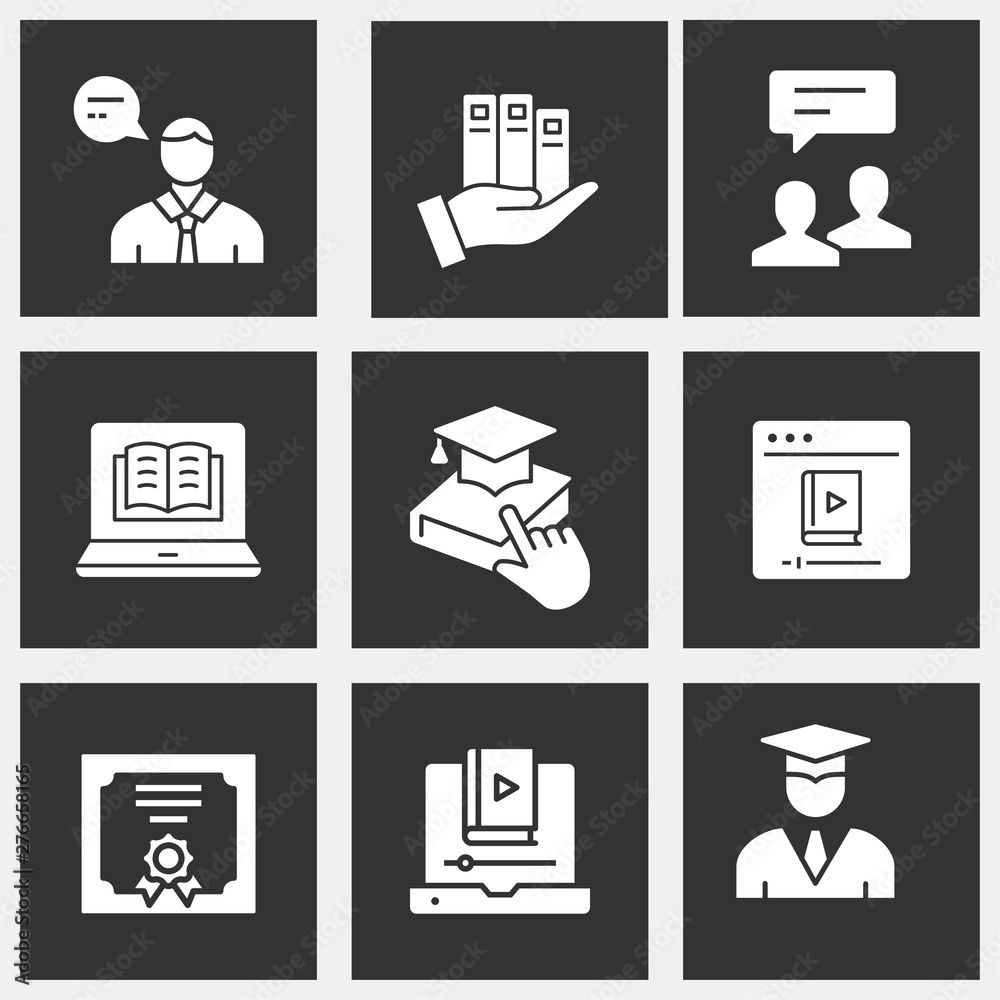 Poster distance education icon set on black background.