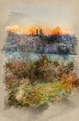 Digital watercolour painting of Pre-dawn colourful sunrise over Medieval castle ruins
