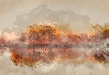 Digital watercolour painting of Stunning foggyAutumn  sunrise English countryside landscape image