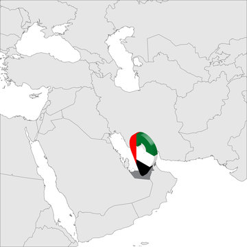 United Arab Emirates Location Map on map Asia. 3d United Arab Emirates flag map marker location pin. High quality map of UAE.  Vector illustration EPS10.