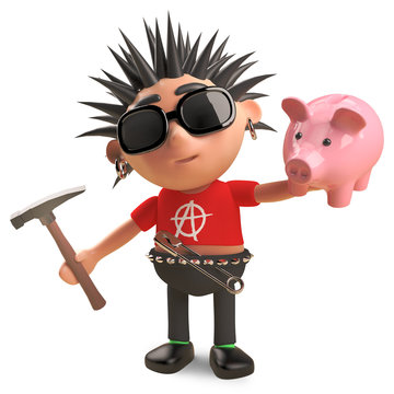 Financially challenged punk rocker is about to smash his piggy bank, 3d illustration