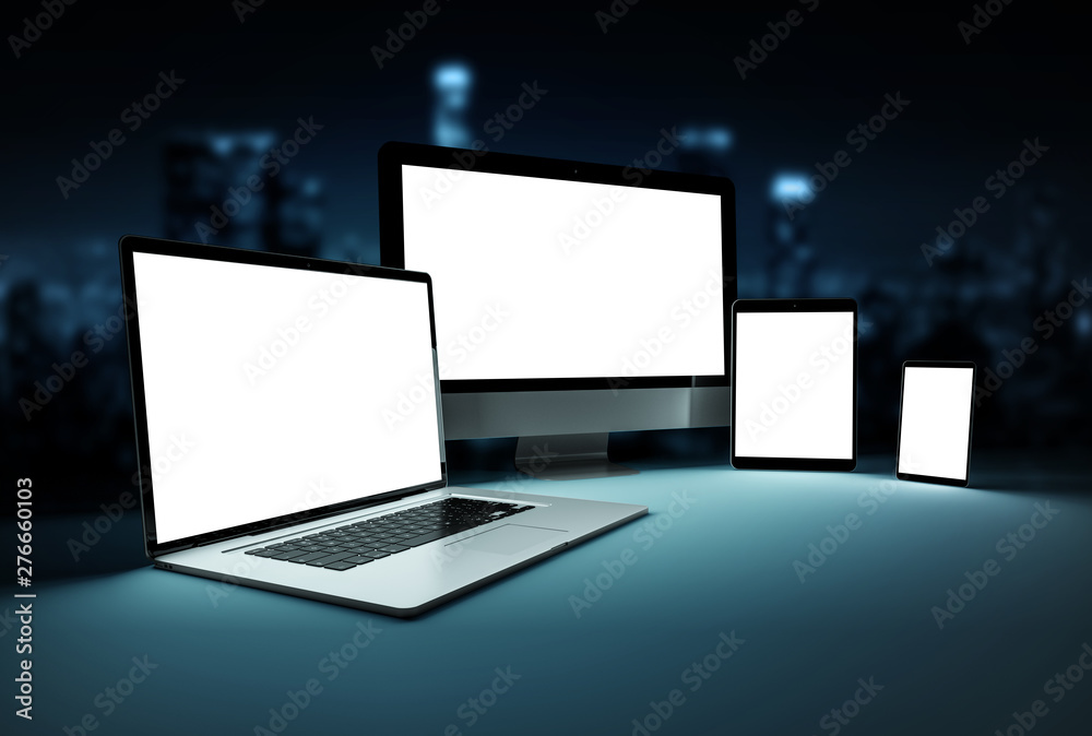 Aufkleber Modern devices with smartphone laptop computer and tablet in dark 3D rendering
