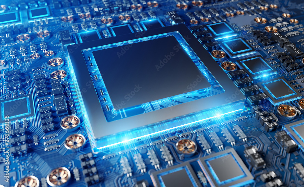 Fototapete Close-up view of a modern GPU card with circuit 3D rendering