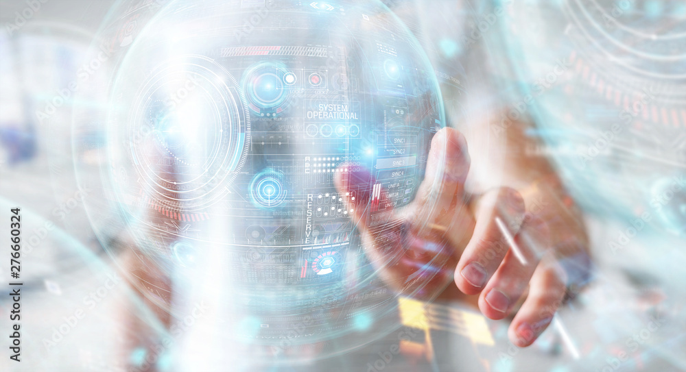 Poster Businessman using digital technological interface with datas 3D rendering