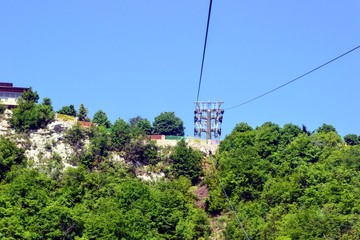 Beautiful landscape seen from the Dajti Express cable car. Dajti Express (or Dajti Ekspres) cable cars going to Dajti mountain. The longest cableway in the Balkans. Tirana, Albania