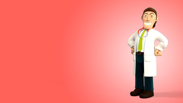 Cartoon 3d doctor with a stethoscope proud and smiling with hands on his hips on a red gradient background 3d rendering