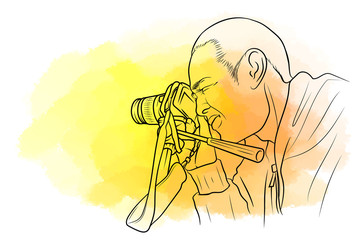 Line art camera man see  viewfinder channel DSLR with water color background