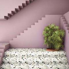 interior design in modern color geometry concept,terrazzo floor and wall,3d illustration,3d rendering