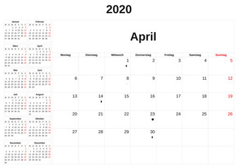 2020 a monthly calendar  with white background in German.