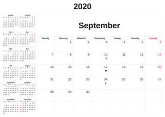2020 a monthly calendar  with white background in German.