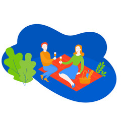 Cartoon Couple on romantic picnic with basket in park, summer holiday love date. Flat Boyfriend and girlfriend on vacation