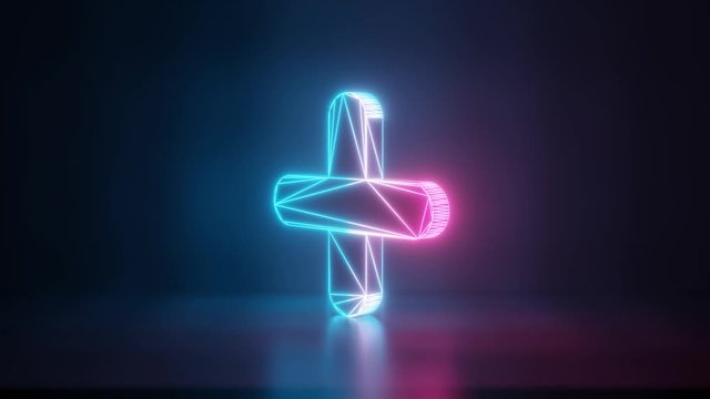 3d rendering glowing blue purple neon laser light with wireframe symbol of plus with rounded corner in empty space corner seamless fade animation