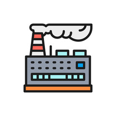 Vector industrial building factory, power plant flat color line icon.