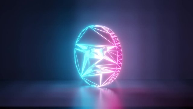 3d rendering glowing blue purple neon laser light with wireframe circle angry emoticon in empty space corner seamless fade animation