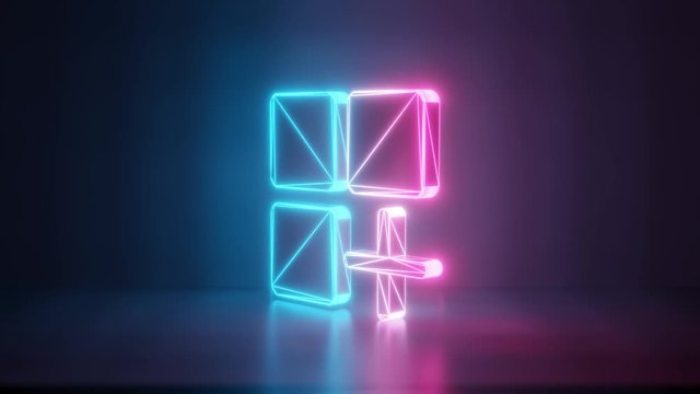 3d rendering glowing blue purple neon laser light with wireframe symbol of mobile application in empty space corner seamless fade animation