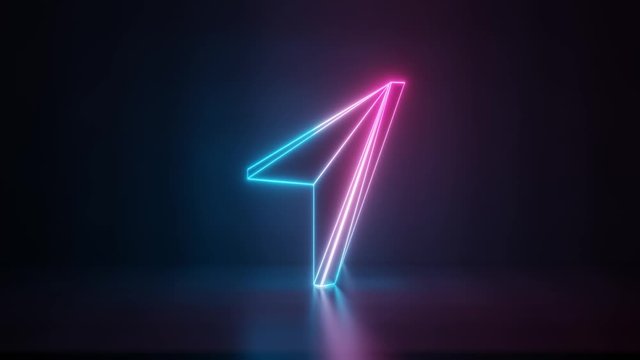 3d rendering glowing blue purple neon laser light with wireframe symbol of compass needle pointing to top right in empty space corner seamless fade animation