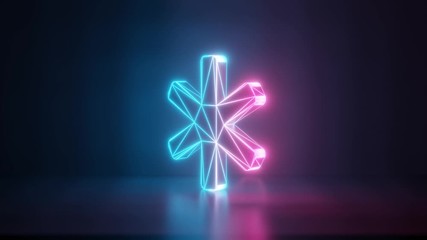 3d rendering glowing blue purple neon laser light with wireframe symbol of asterisk in empty space corner seamless fade animation