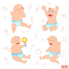 Set of child with different emotions, sad and fun babies.