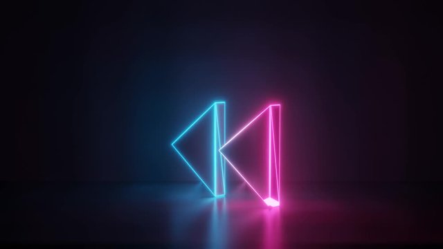 3d rendering glowing blue purple neon laser light with wireframe symbol of double fast backward left triangle arrows in empty space corner seamless fade animation