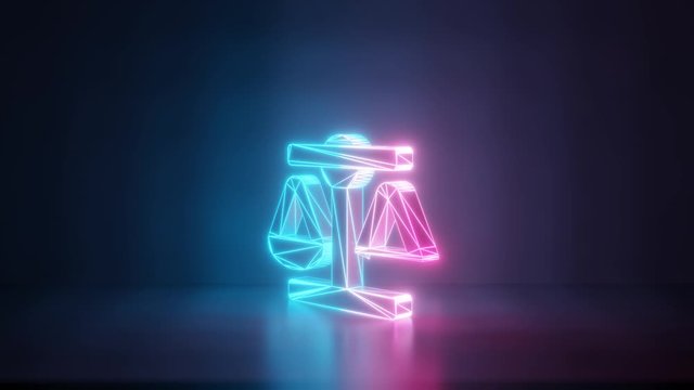 3d rendering glowing blue purple neon laser light with wireframe symbol of balance scale in empty space corner seamless fade animation