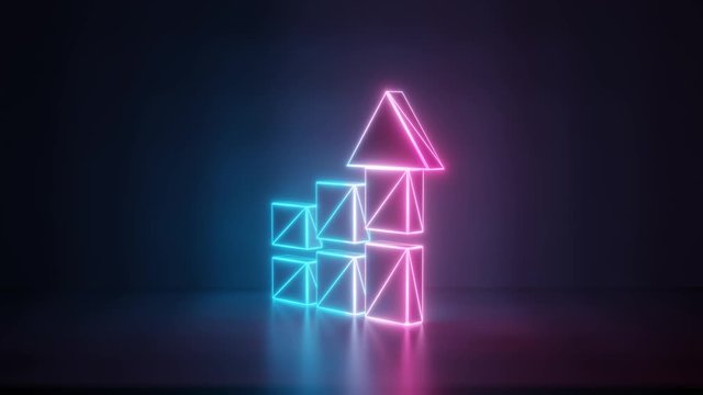 3d rendering glowing blue purple neon laser light with wireframe symbol of bar chart with three columns and arrow in empty space corner seamless fade animation