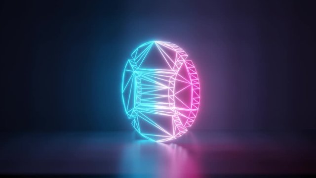 3d rendering glowing blue purple neon laser light with wireframe symbol of baseball ball in empty space corner seamless fade animation