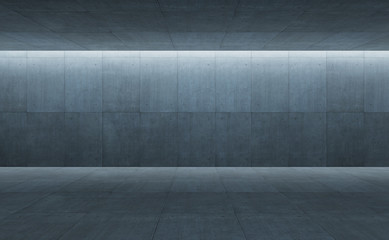 Industrial Loft style concrete cement square tiles wall and floor interior with lighting in ceiling.