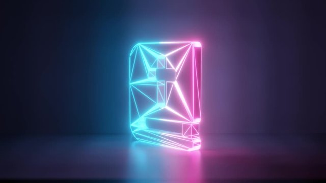 3d rendering glowing blue purple neon laser light with wireframe symbol of bible in empty space corner seamless fade animation