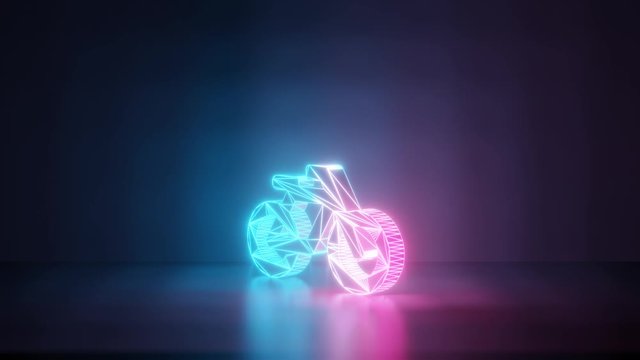 3d rendering glowing blue purple neon laser light with wireframe symbol of bicycle without rider in empty space corner seamless fade animation